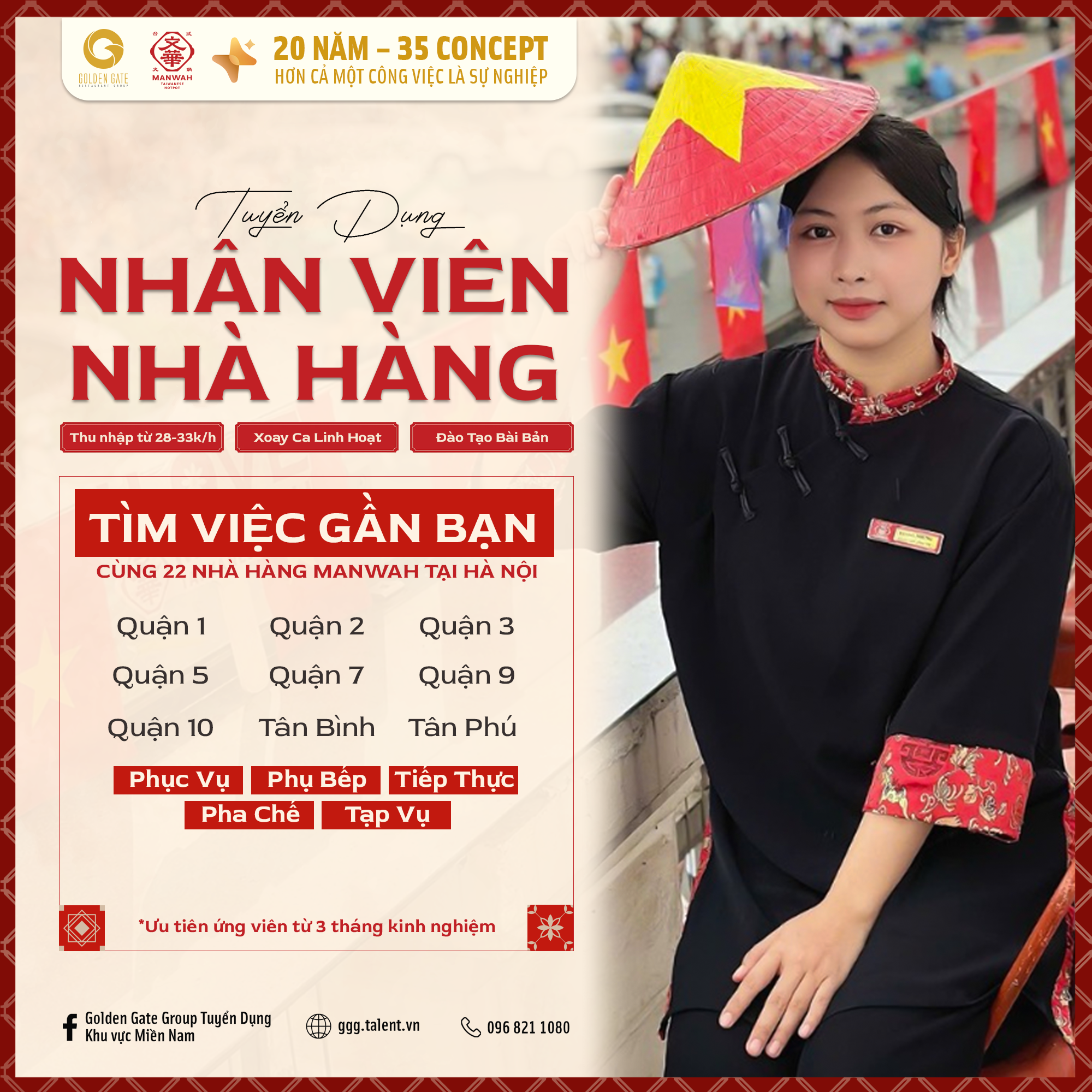 Nhân viên nhà hàng Kichi Kichi, Manwah, Hutong TP.HCM (Phục vụ, Phụ bếp)