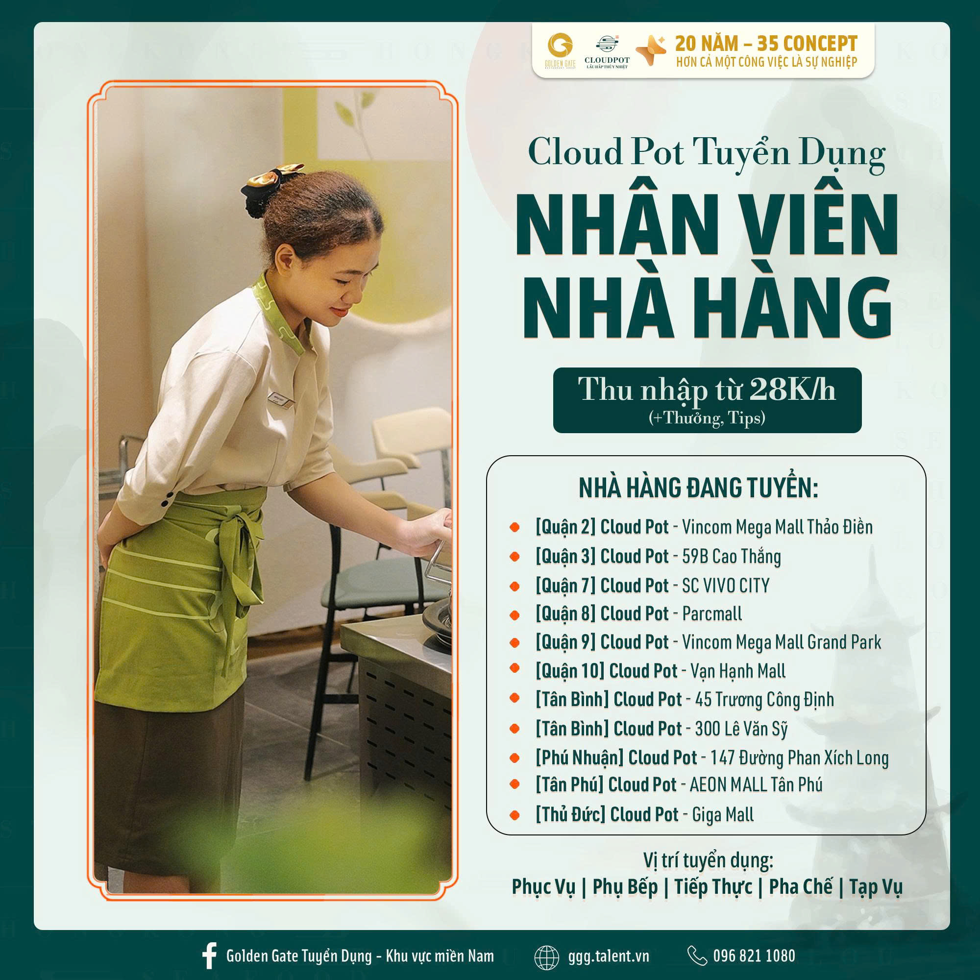 Nhân viên nhà hàng - Chuỗi nhà Hấp thủy nhiệt CloudPot