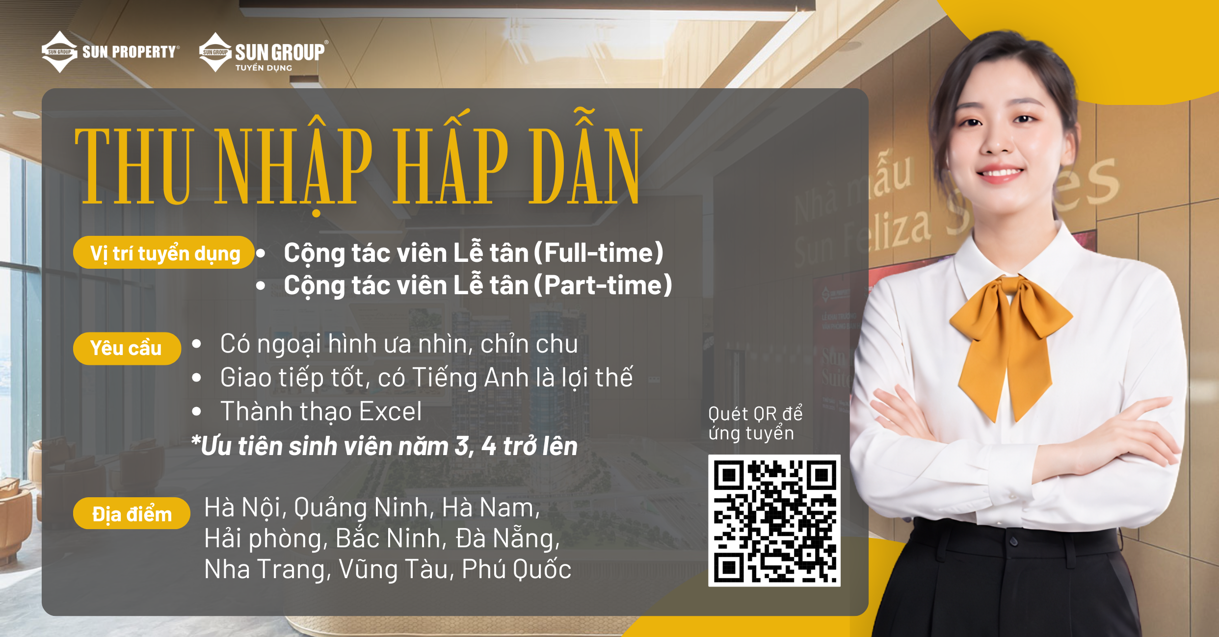[TOÀN QUỐC] SUN PROPERTY TÌM KIẾM ỨNG VIÊN TIỀM NĂNG CHO VỊ TRÍ CTV LỄ TÂN (FULL-TIME & PART-TIME)