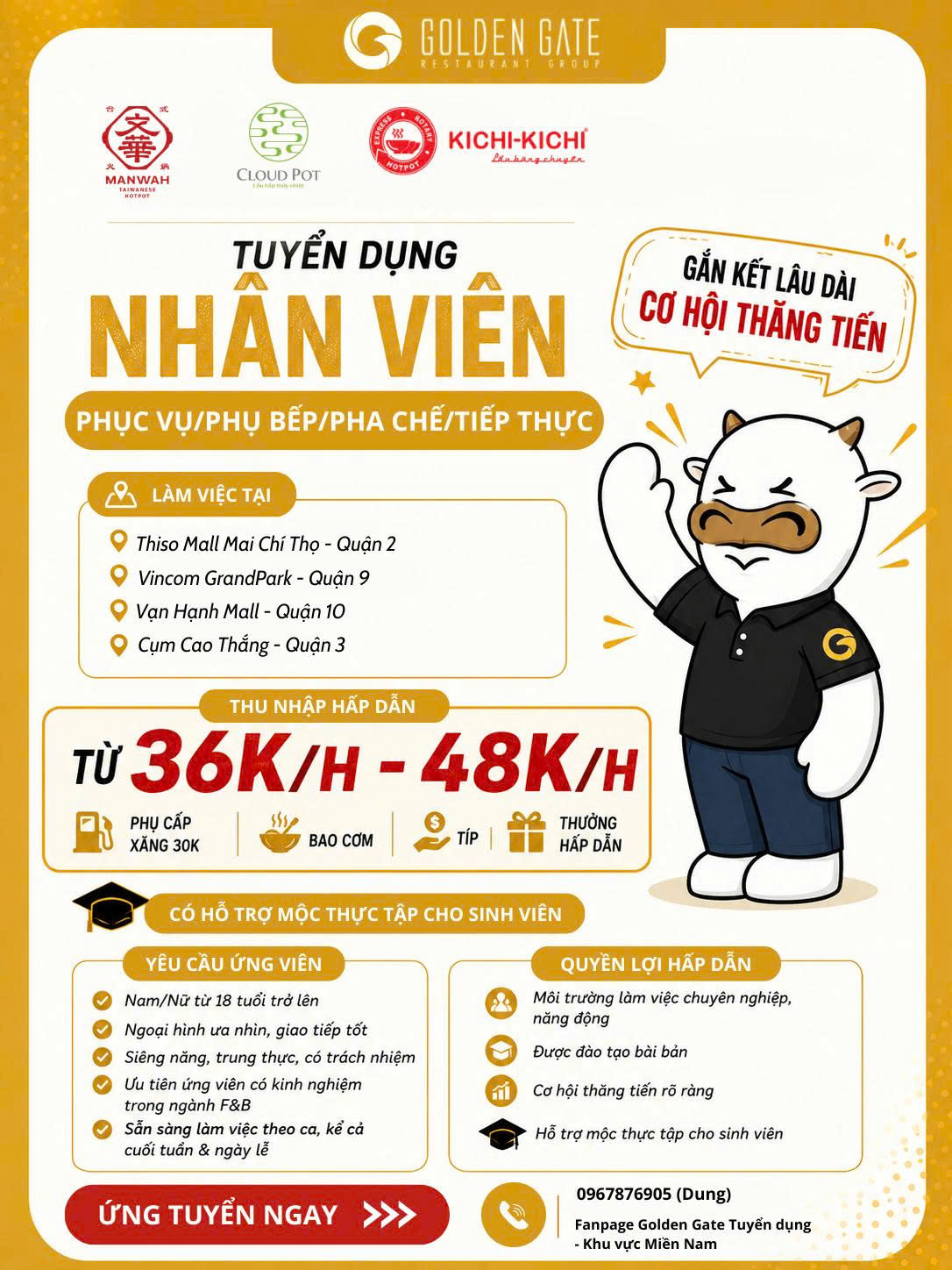 Tuyển nhân viên nhà hàng Manwah,Kichi,CloudPot - Cụm Quận 2,3,9,10
