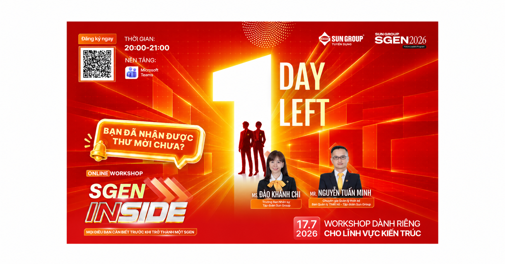 [SGEN INSIDE] CHỈ CÒN 01 NGÀY! BẠN ĐÃ NHẬN ĐƯỢC EMAIL THƯ MỜI THAM GIA WORKSHOP LĨNH VỰC KIẾN TRÚC - 17/7 CHƯA?
